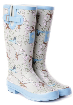 Regenstiefel mit Blüten und Vögel