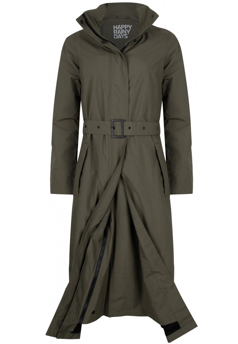 Olivegrüner langer Regenmantel Montreal mit Einsatz von Happy