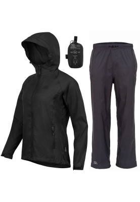 Schwarz / anthraziter Damen Regenanzug Stow and Go von Highlander 